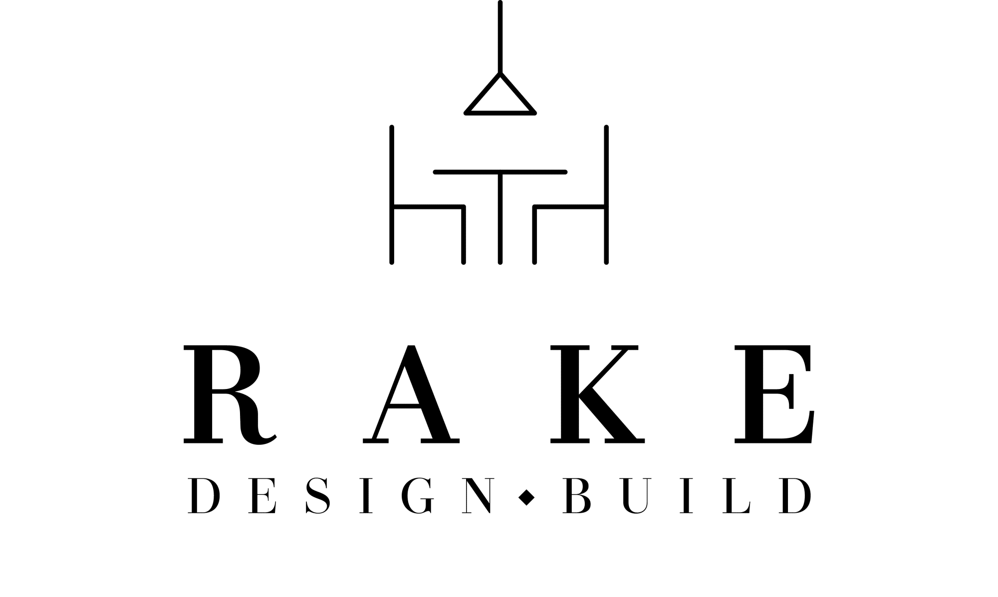 Rake Design Build logo featuring minimalist line art of a dining table with chairs and modern typography.